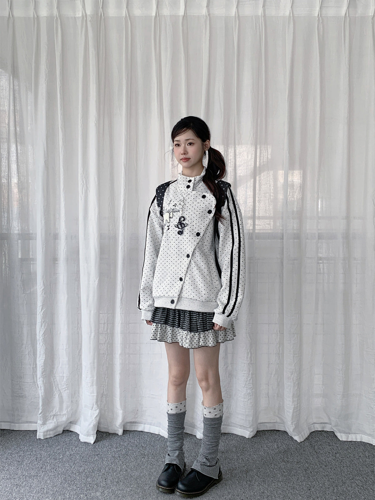 Polka Dot Asymmetric Button Track Jacket