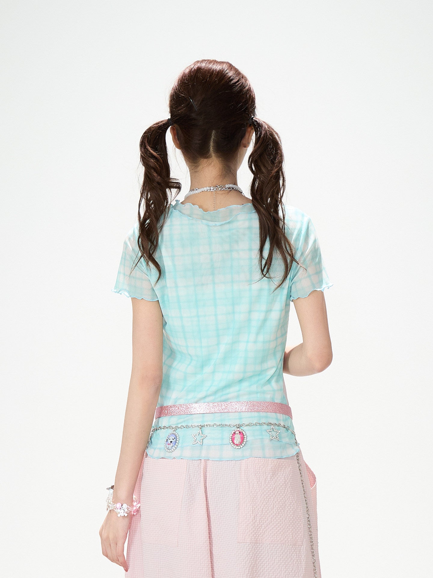 Pastel Cat Mesh Tee & Pink Star Wide-Leg Pants