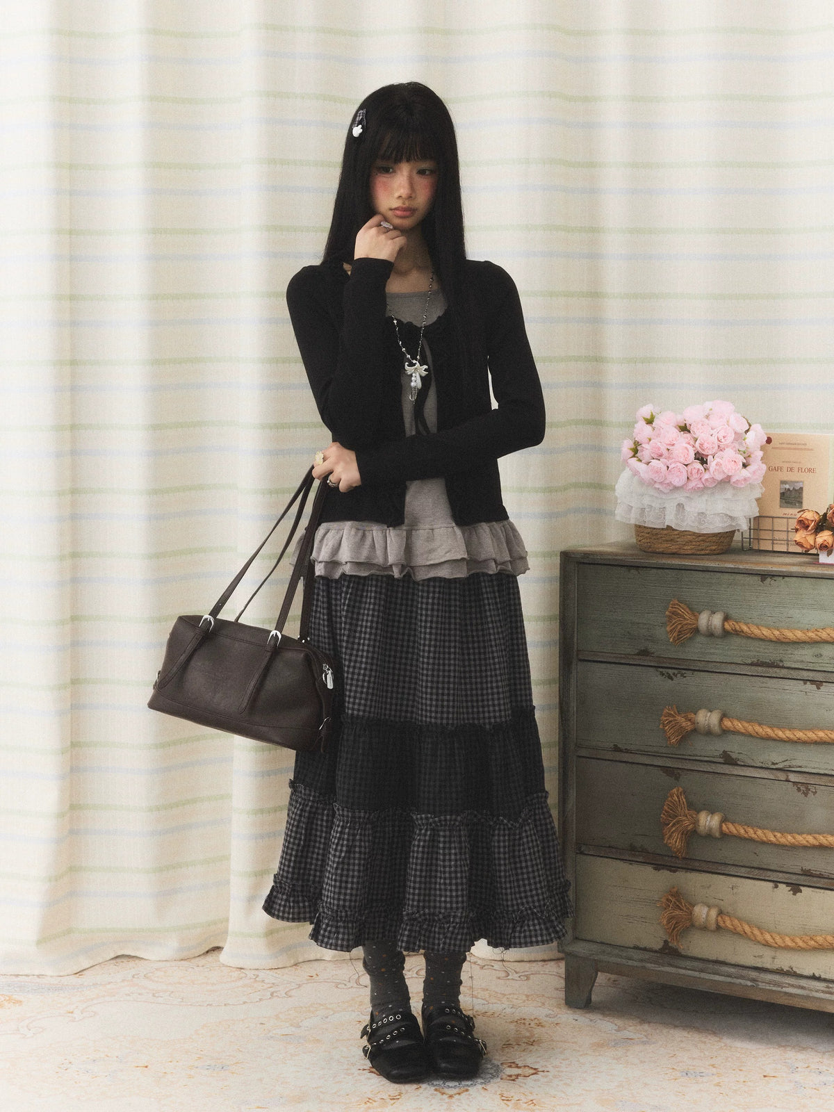 Ruffle Hem Tie-Front Faux-Layered Long Sleeve Top