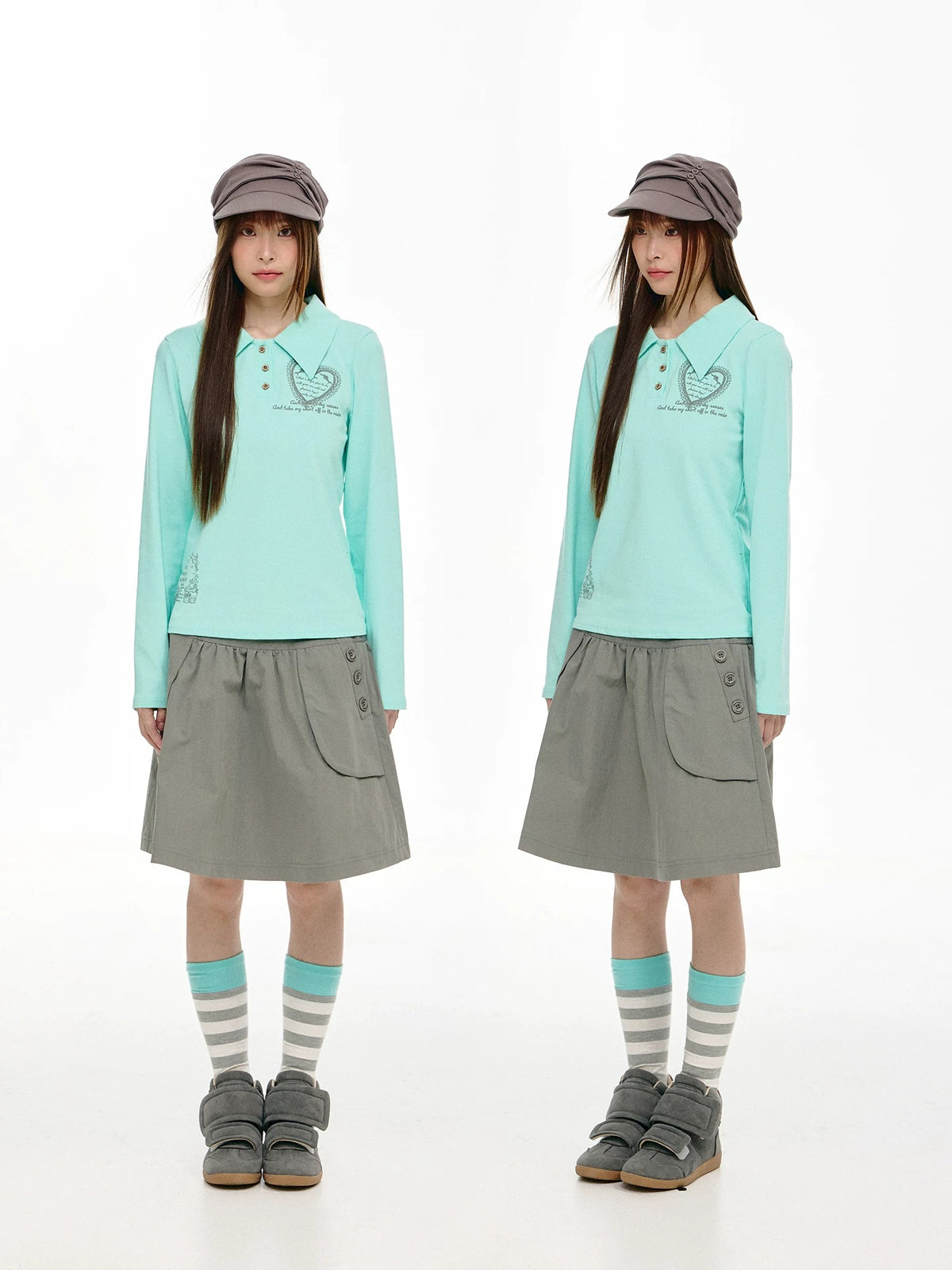 Mint Heart Graphic Long Sleeve Polo Top