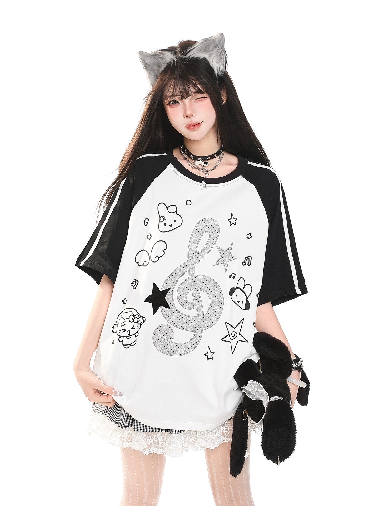 Music Note Star Raglan Tee — Oversized Short Sleeve