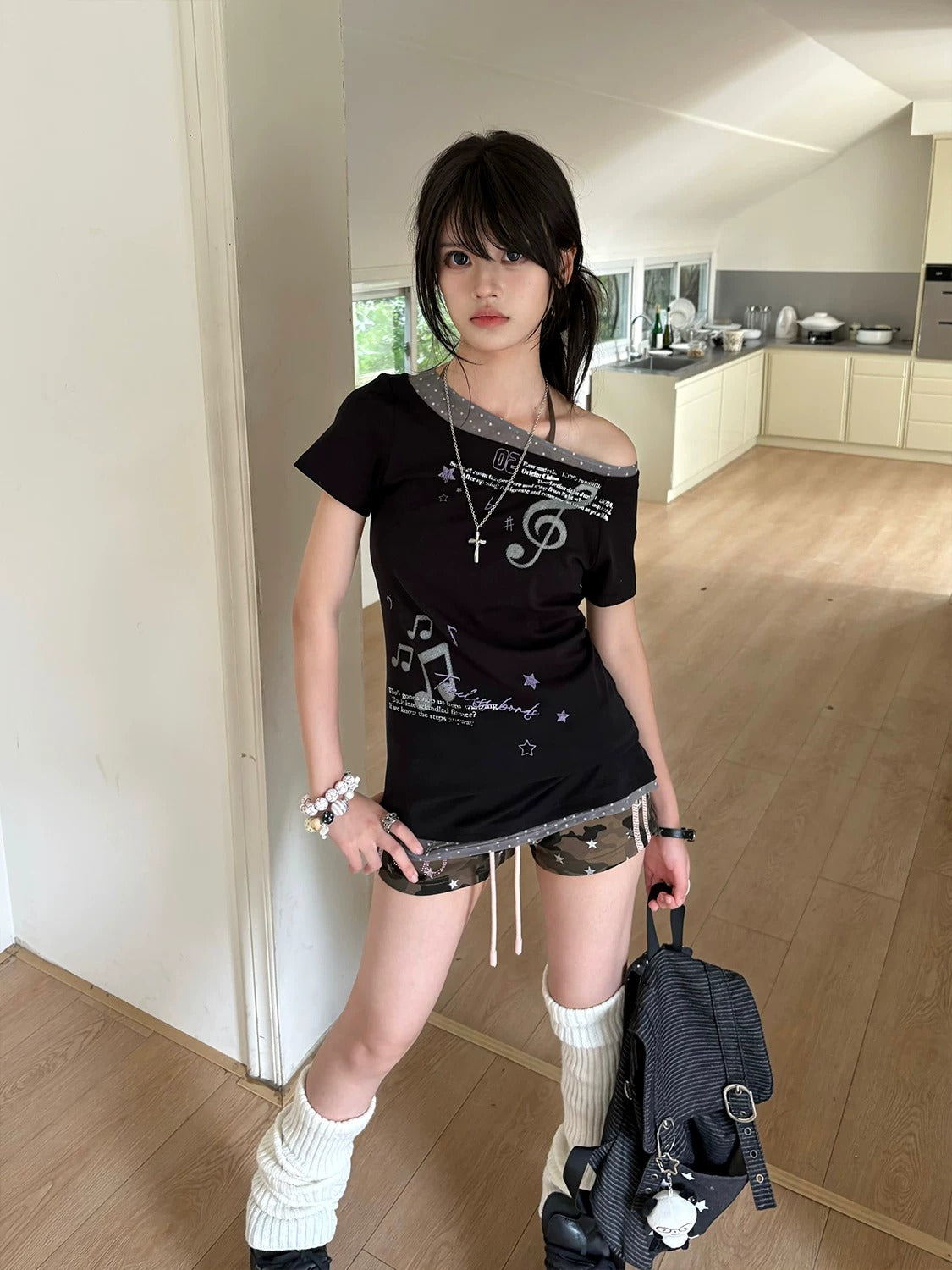 Asymmetric Music Note Faux-Layer Fitted Tee