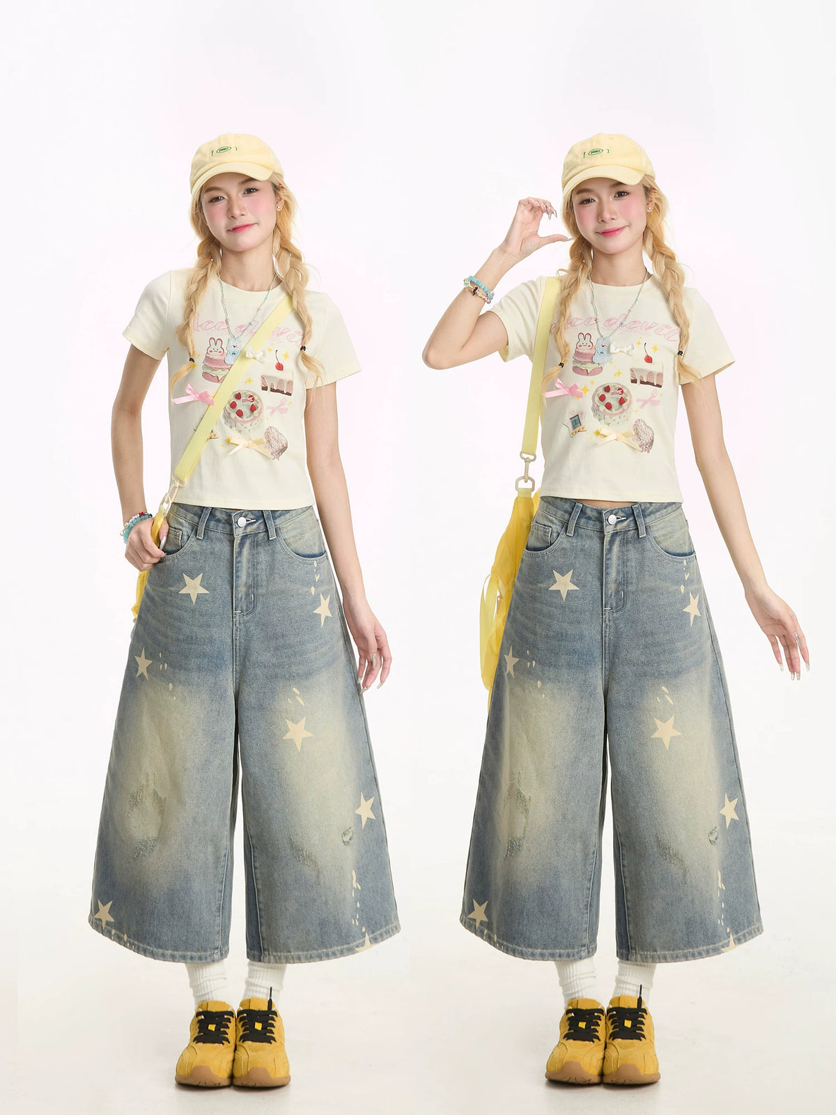 Washed Star Print Wide-Leg Denim Capri Pants