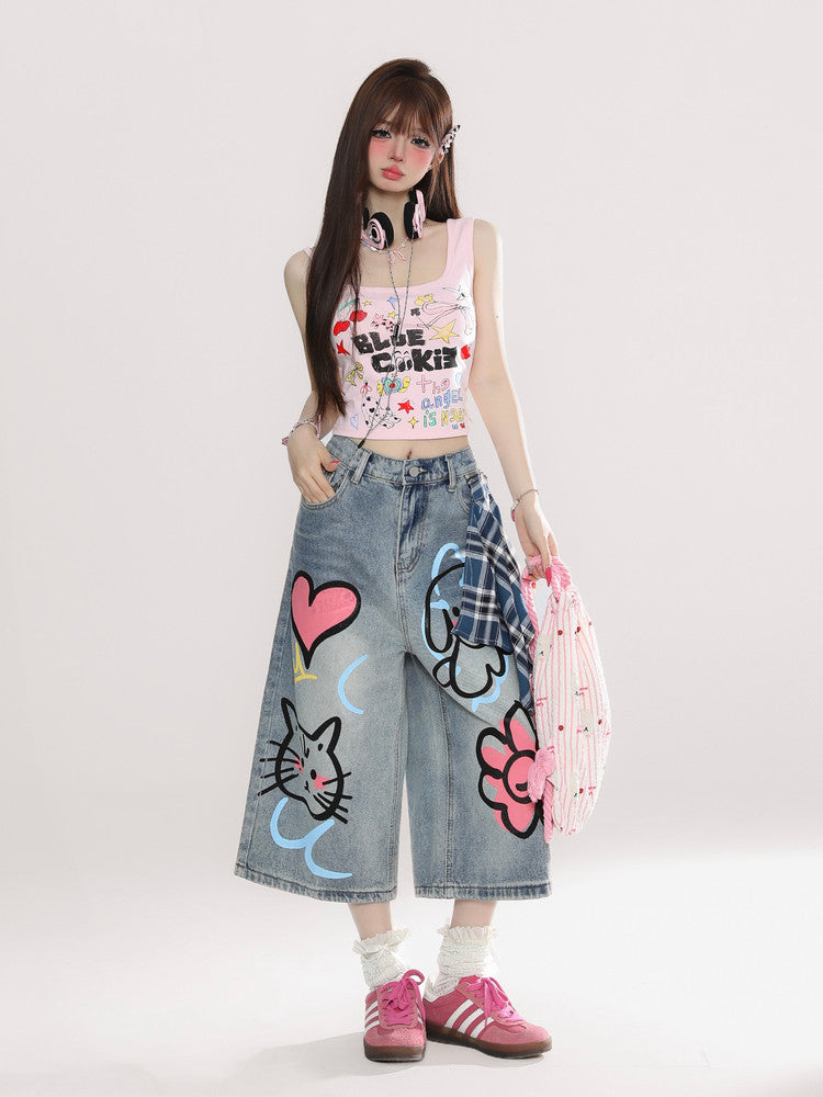 Doodle Art Cropped Wide-Leg Jeans