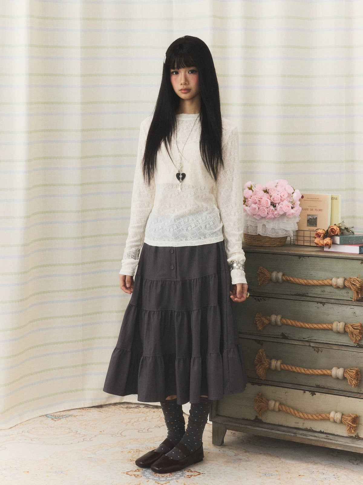 Floral Lace Long Sleeve & Jacquard Knit Short Sleeve Top