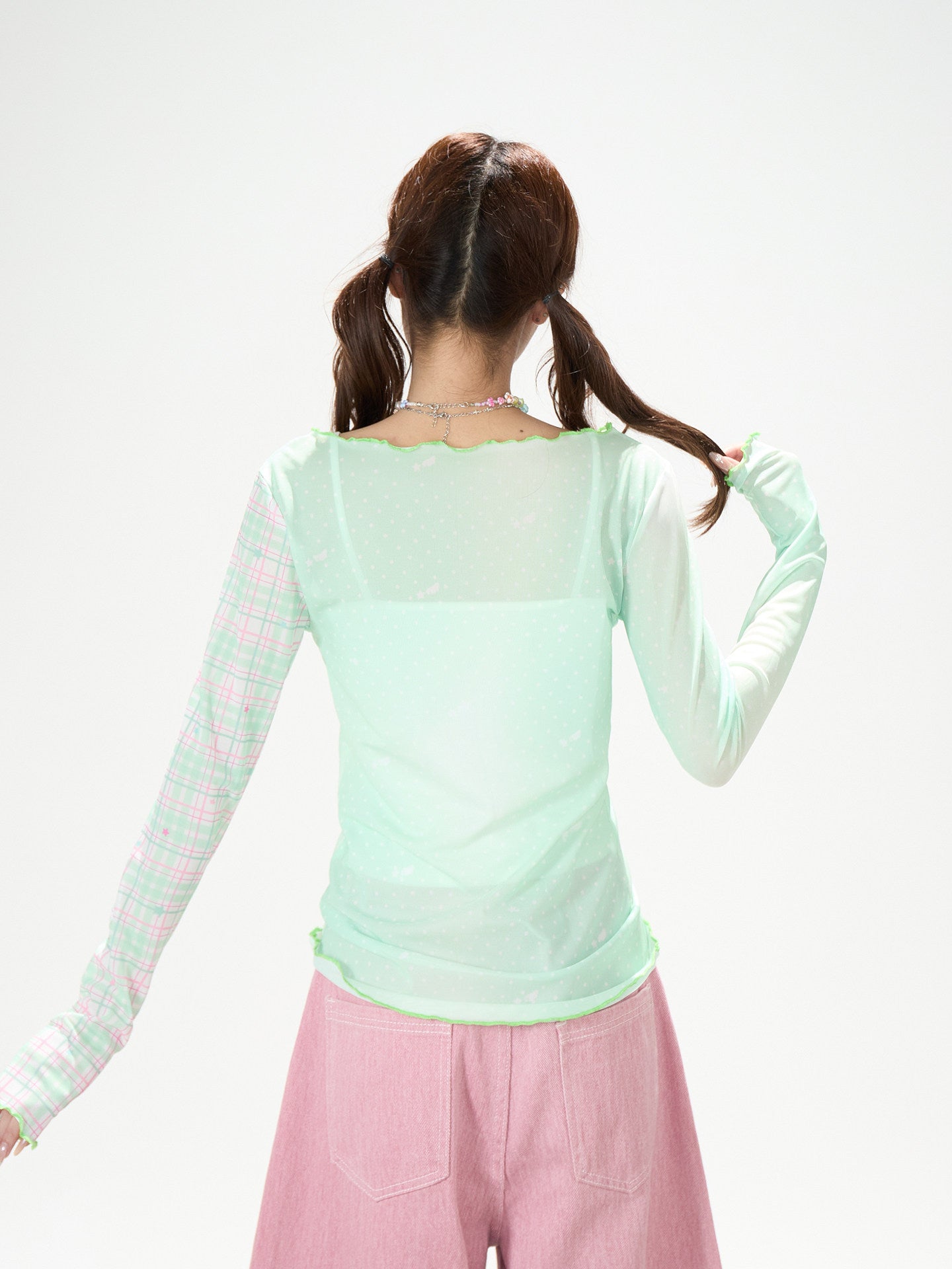 Apple Plaid Mesh Long Sleeve Top & Pink Polka Dot Wide Leg Pants