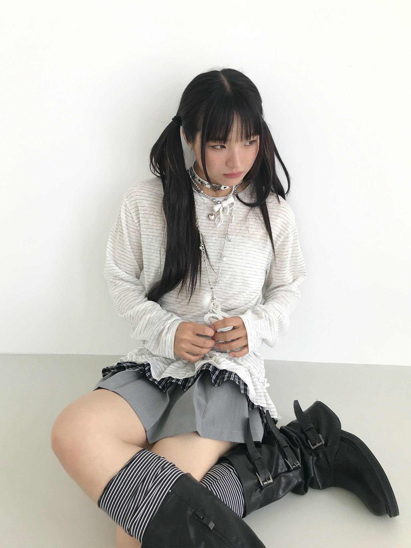 Sheer Stripe Ruffle-Hem Layering Top