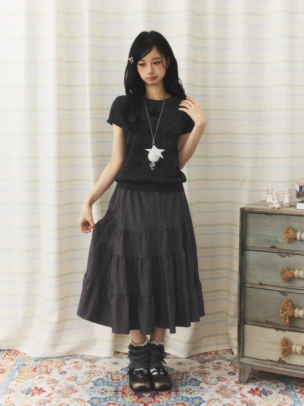 Charcoal Tiered Button Midi Skirt