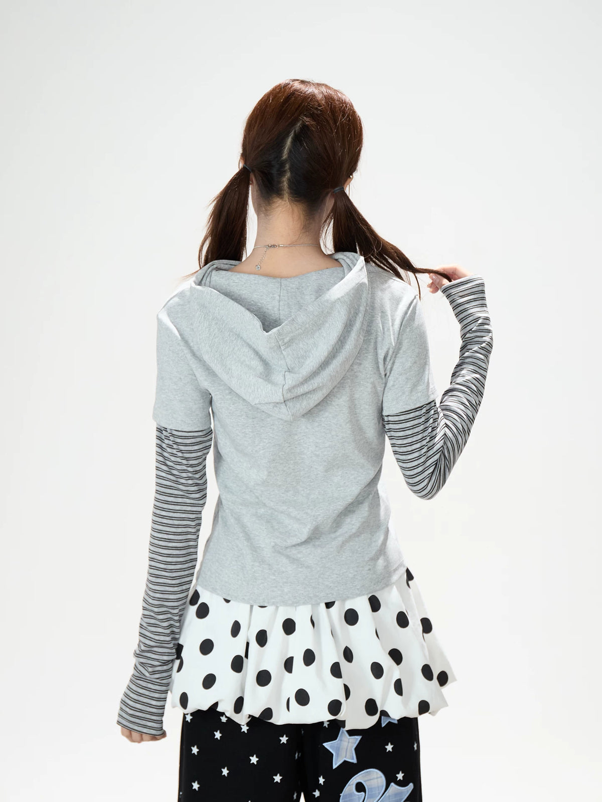 Music Note Star Layered Hoodie Top & Polka Dot Tie-Waist Wide-Leg Pants