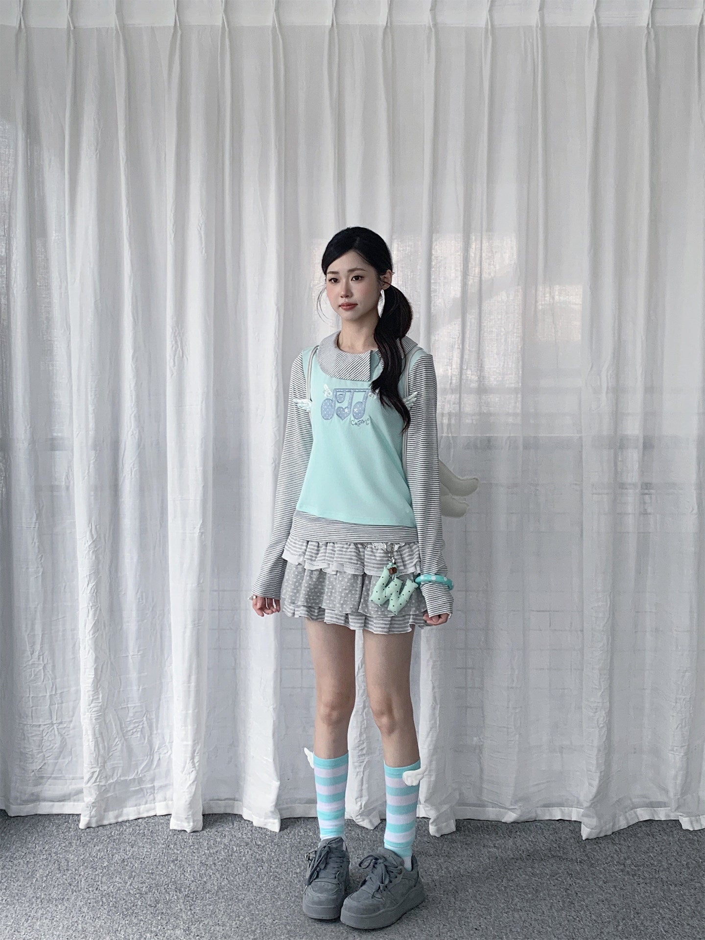 Music Note Embroidered Faux-Layered Long Sleeve Top