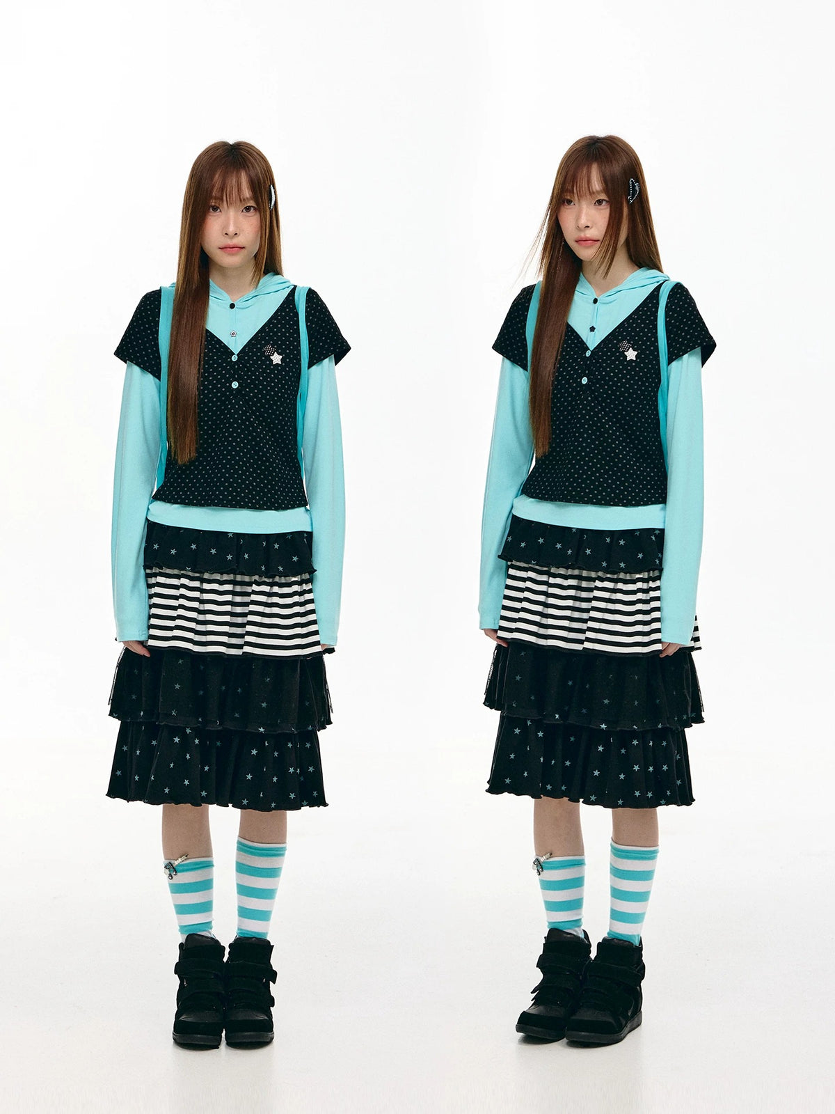 Star Stripe Tiered Ruffle Midi Skirt