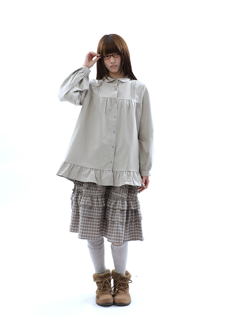 Pleated Ruffle Hem Button-Up Long Sleeve Blouse