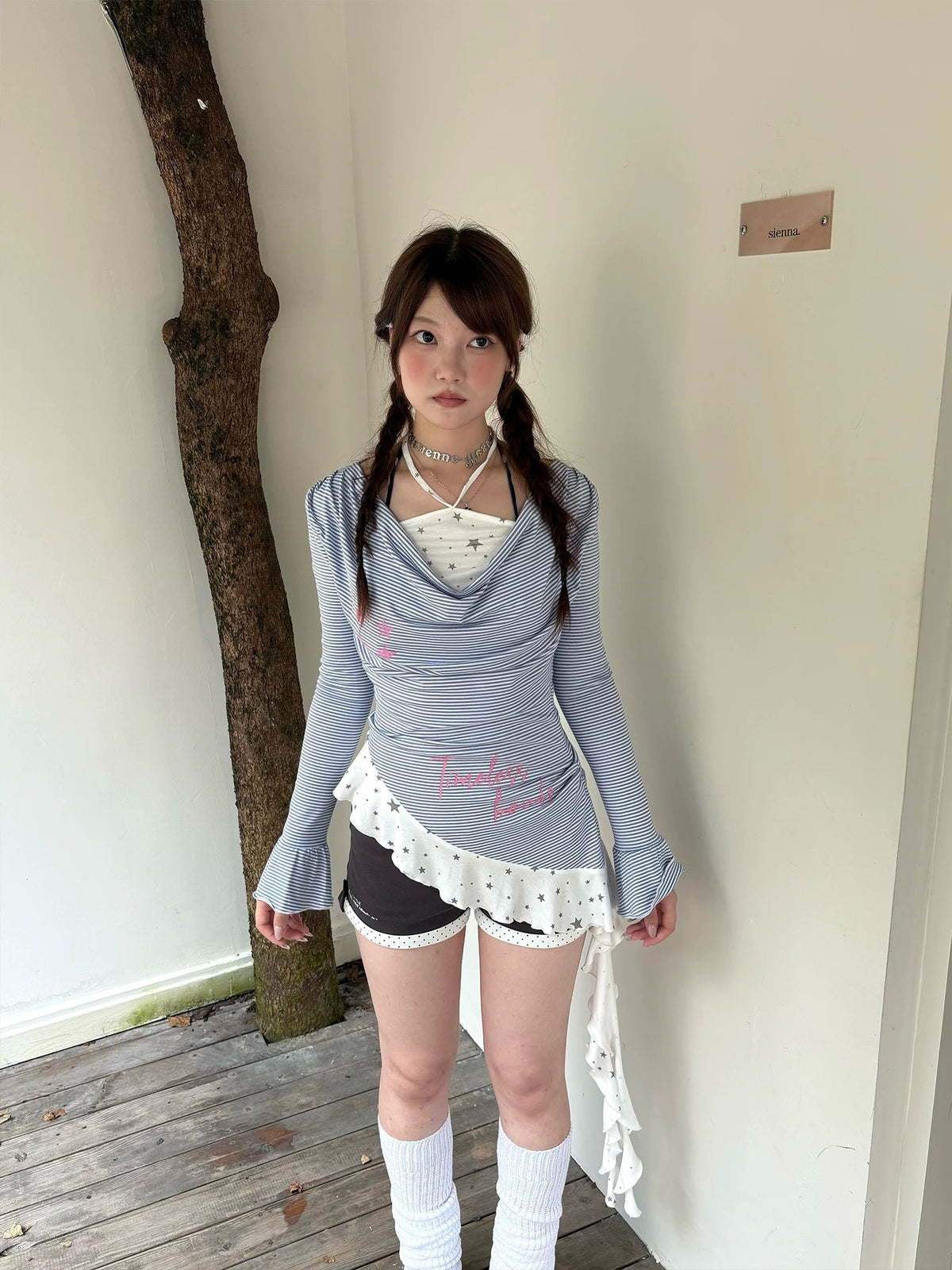 Blue Stripe Cowl-Neck Star Faux-Layer Long Sleeve Top