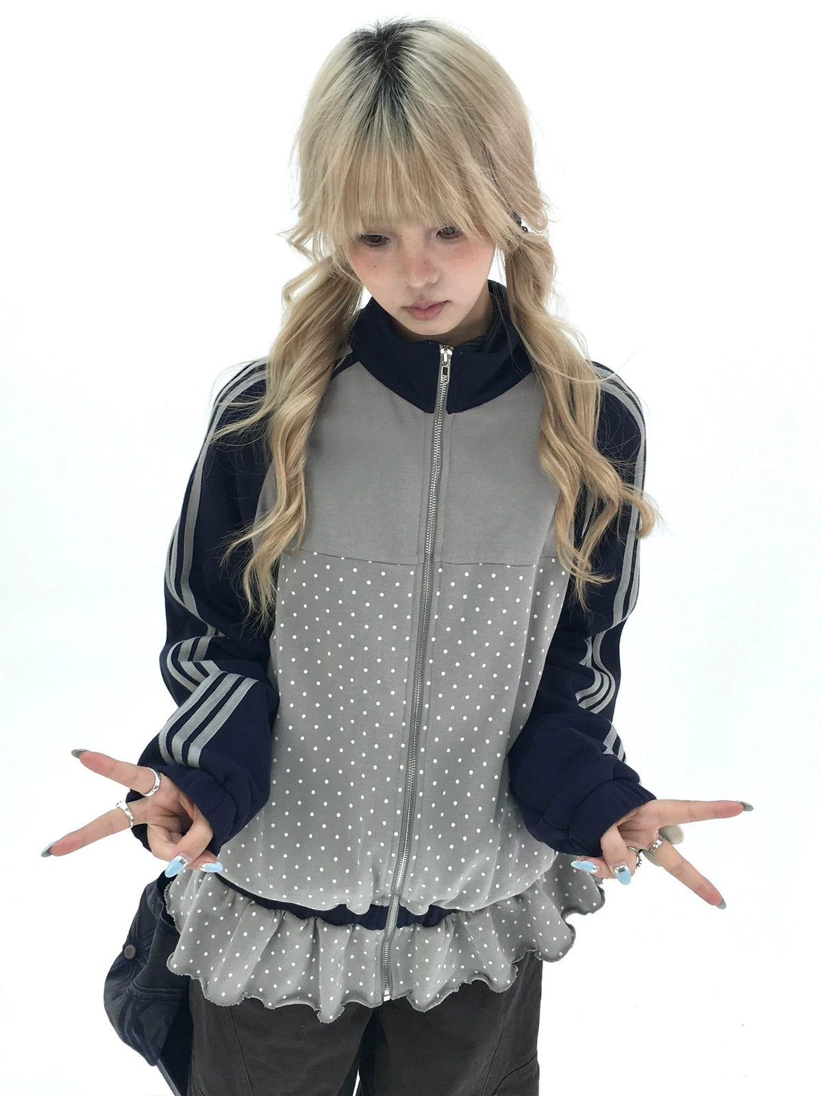 Gray Polka Dot Triple-Stripe Ruffle Zip Jacket