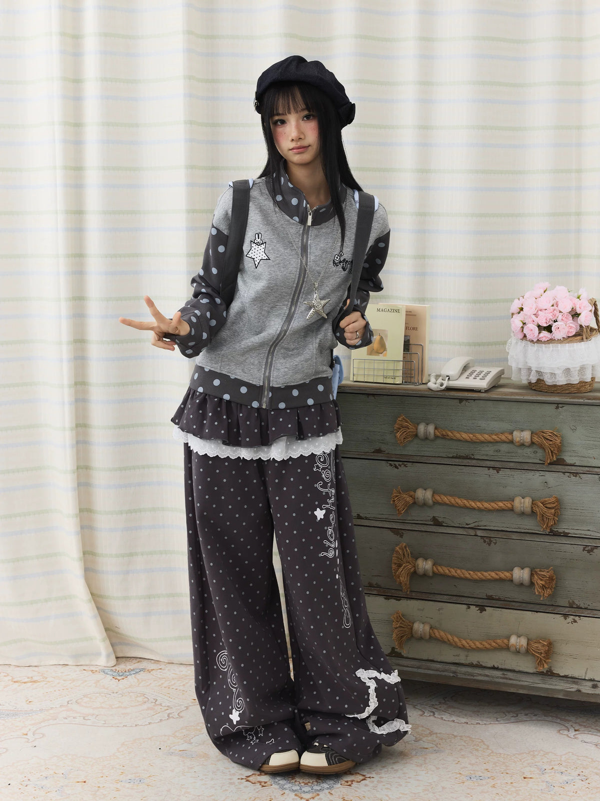 Polka Dot Contrast Embroidered Zip-Up Jacket