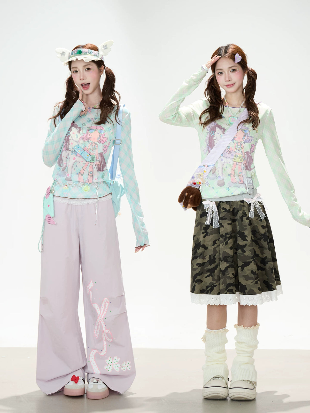 Dreamy Cartoon Plaid Long Sleeve Top & Camo Lace Midi Skirt