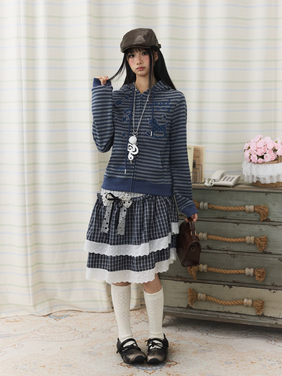 Striped Rocking Horse Embroidered Zip-Up Hoodie