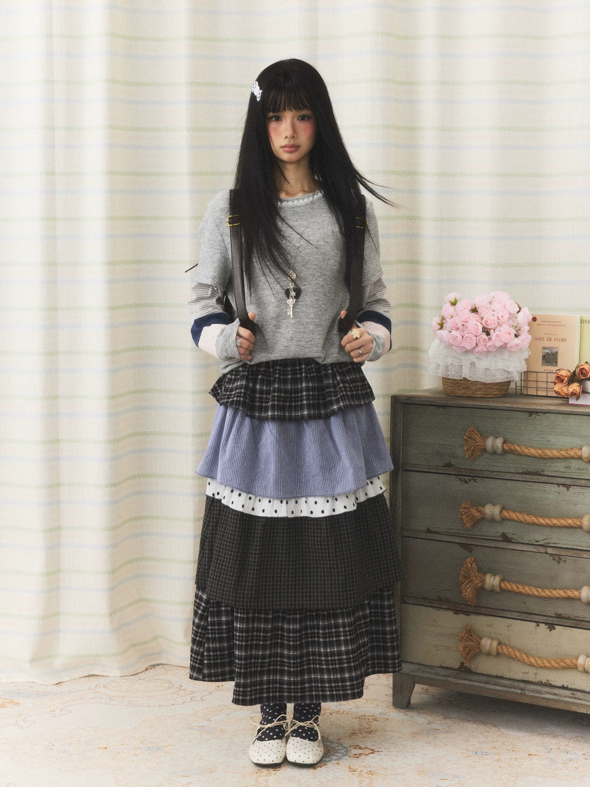 Mixed Plaid Tiered Patchwork Midi Skirt