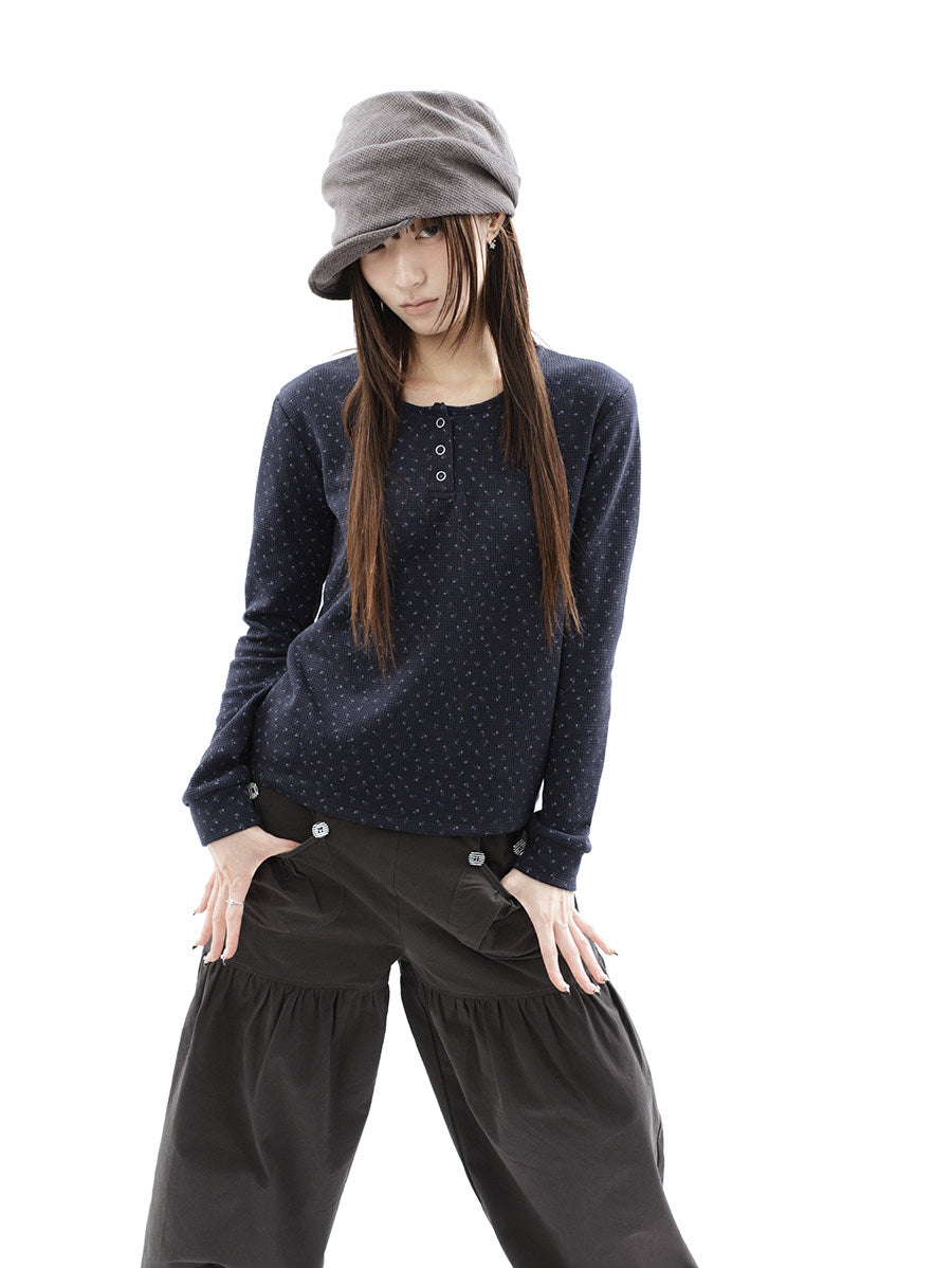 Tiny Floral Waffle Henley Long Sleeve Top