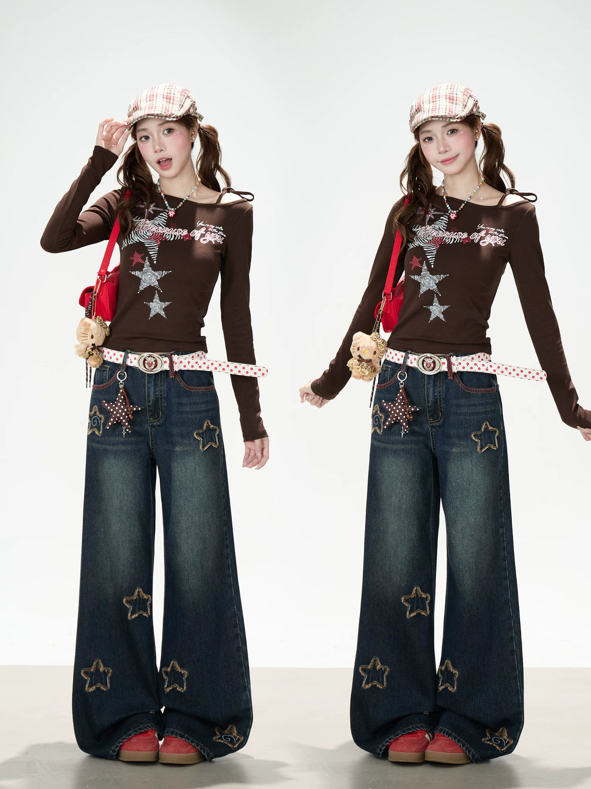 Frayed Star Patch Washed Wide-Leg Jeans