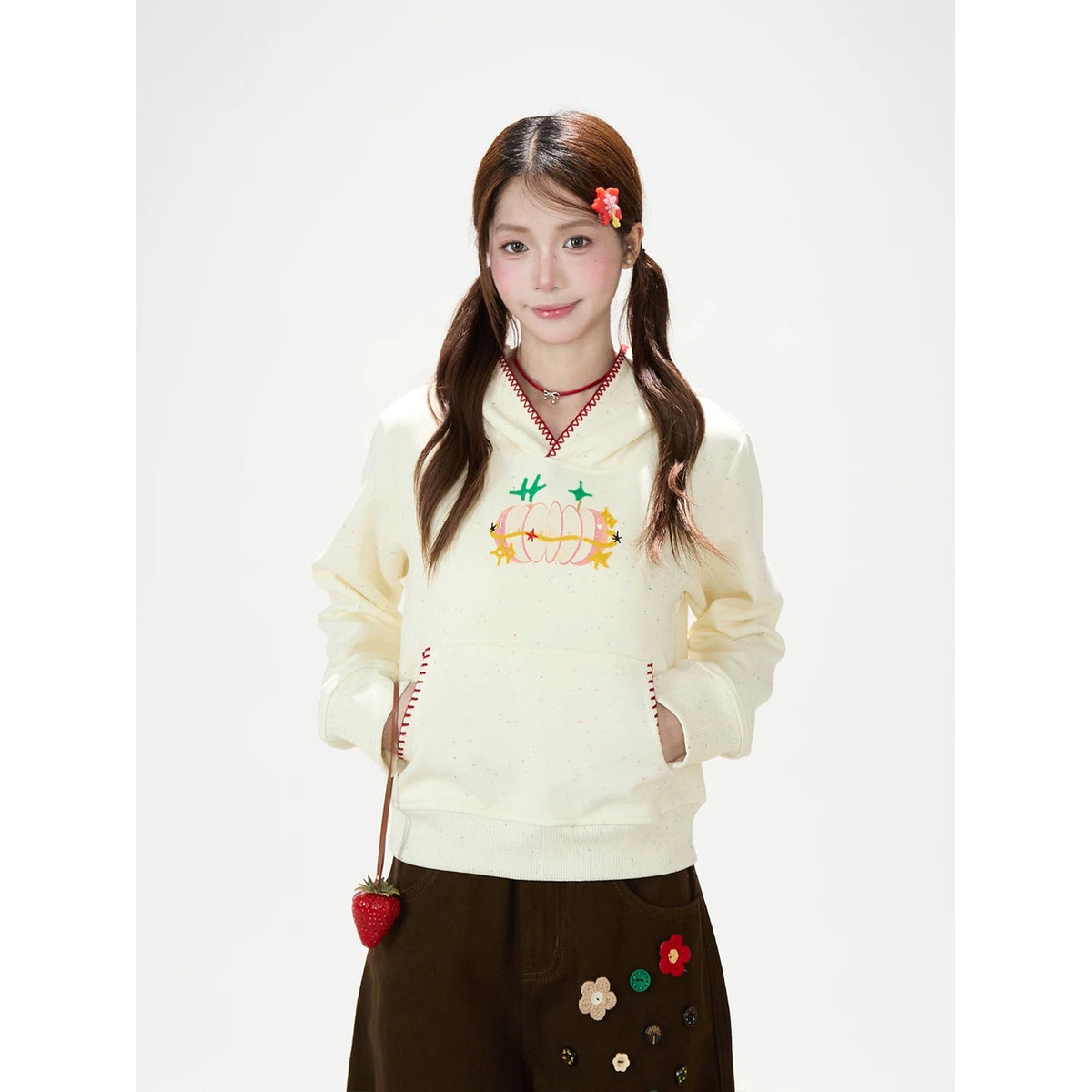 Apple Embroidered Hoodie & Floral Wide-Leg Sweatpants