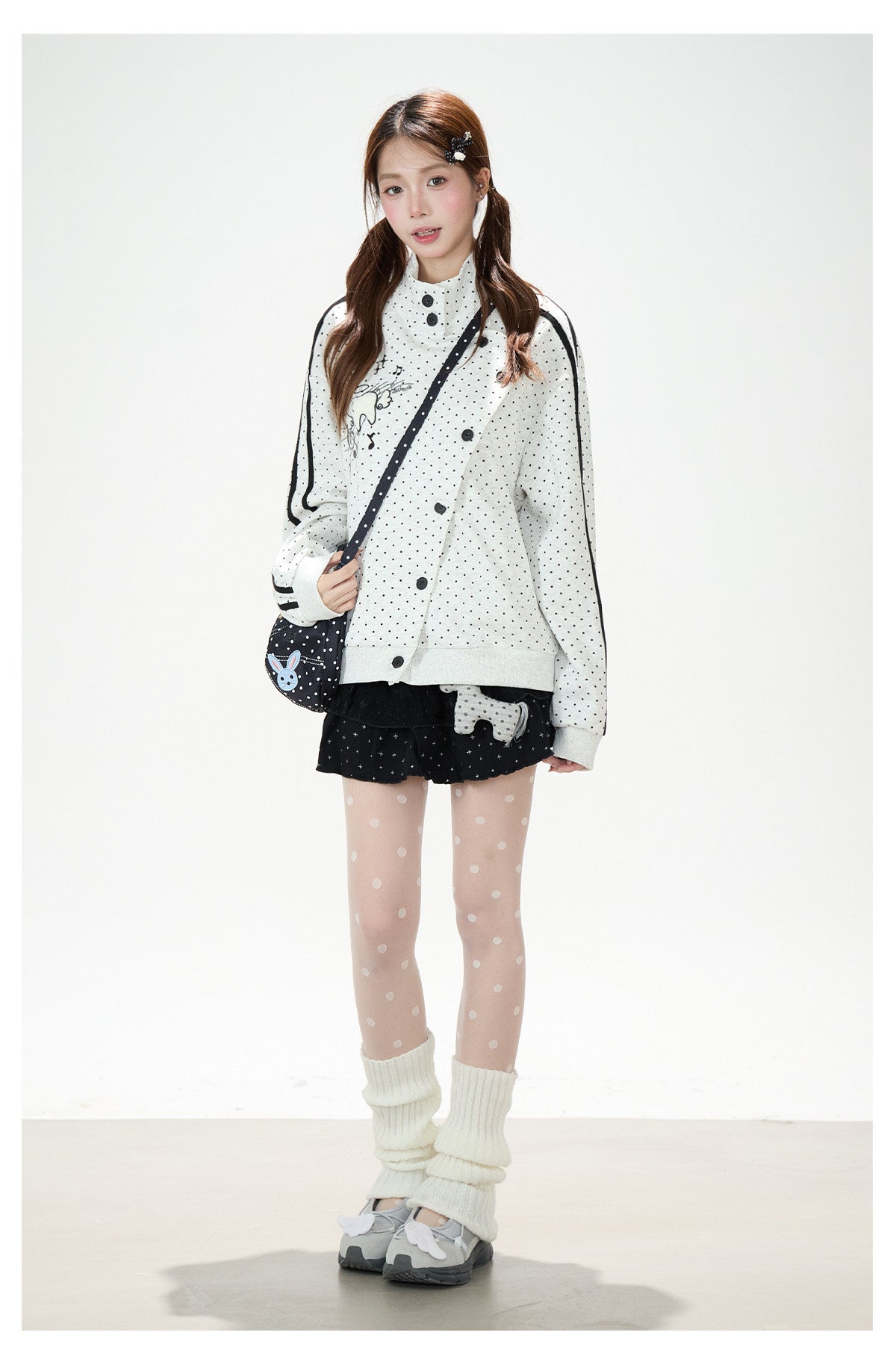 Polka-Dot Stripe Asymmetric Button Jacket & Black Tiered Mini Skirt