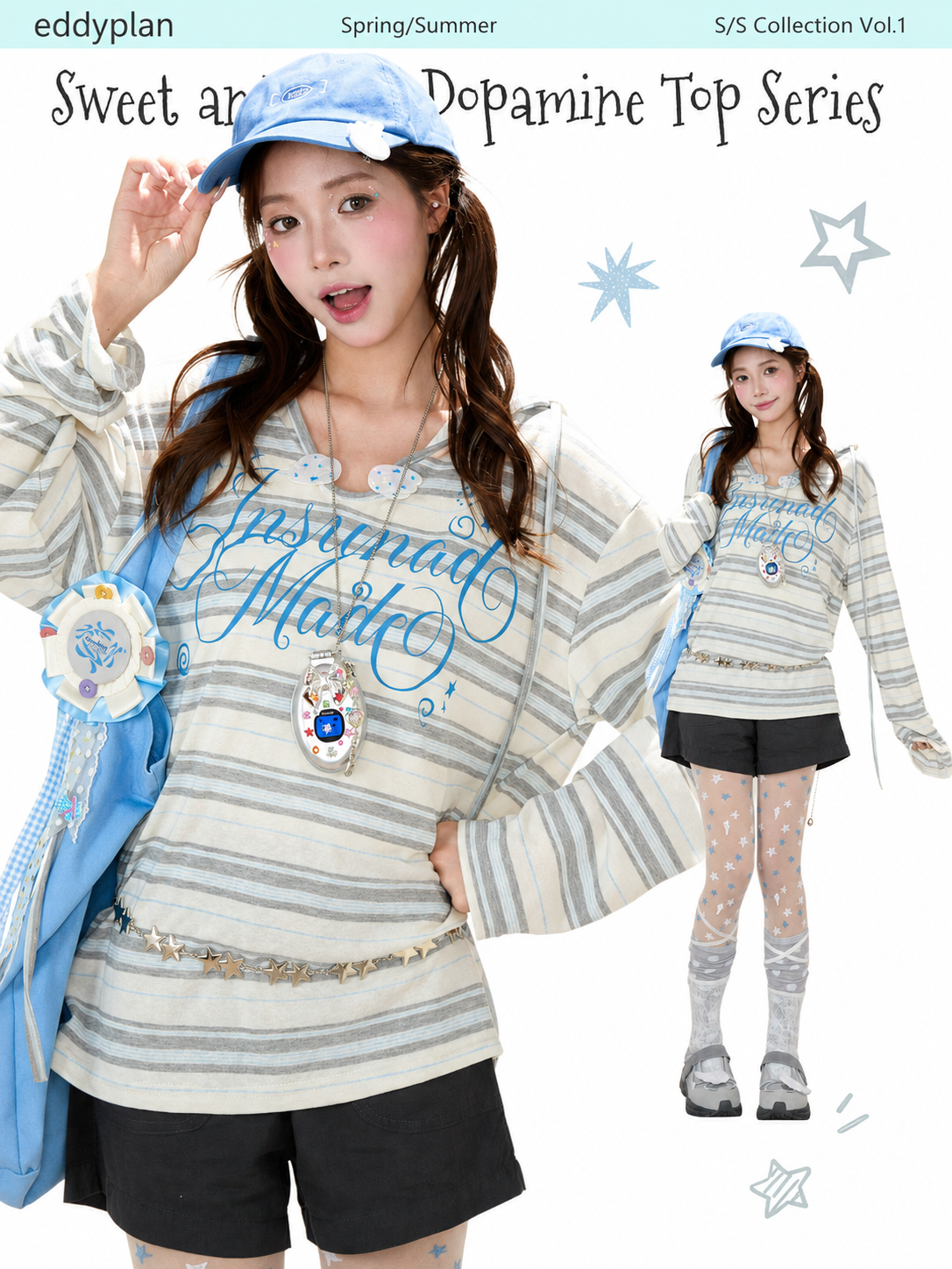 Blue Striped Hooded Long Sleeve Top & Dark Gray Drawstring Shorts