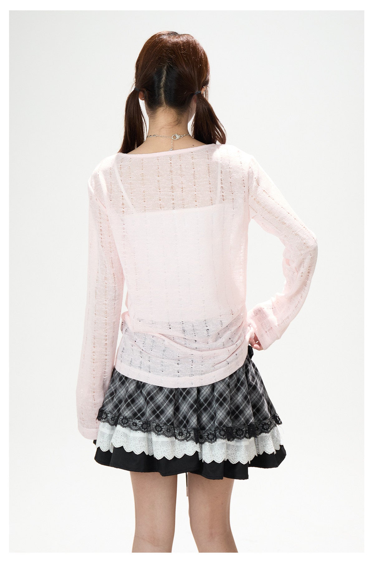 Graffiti Cutout Cowl-Neck Long Sleeve Top & Star Plaid Mini Skirt