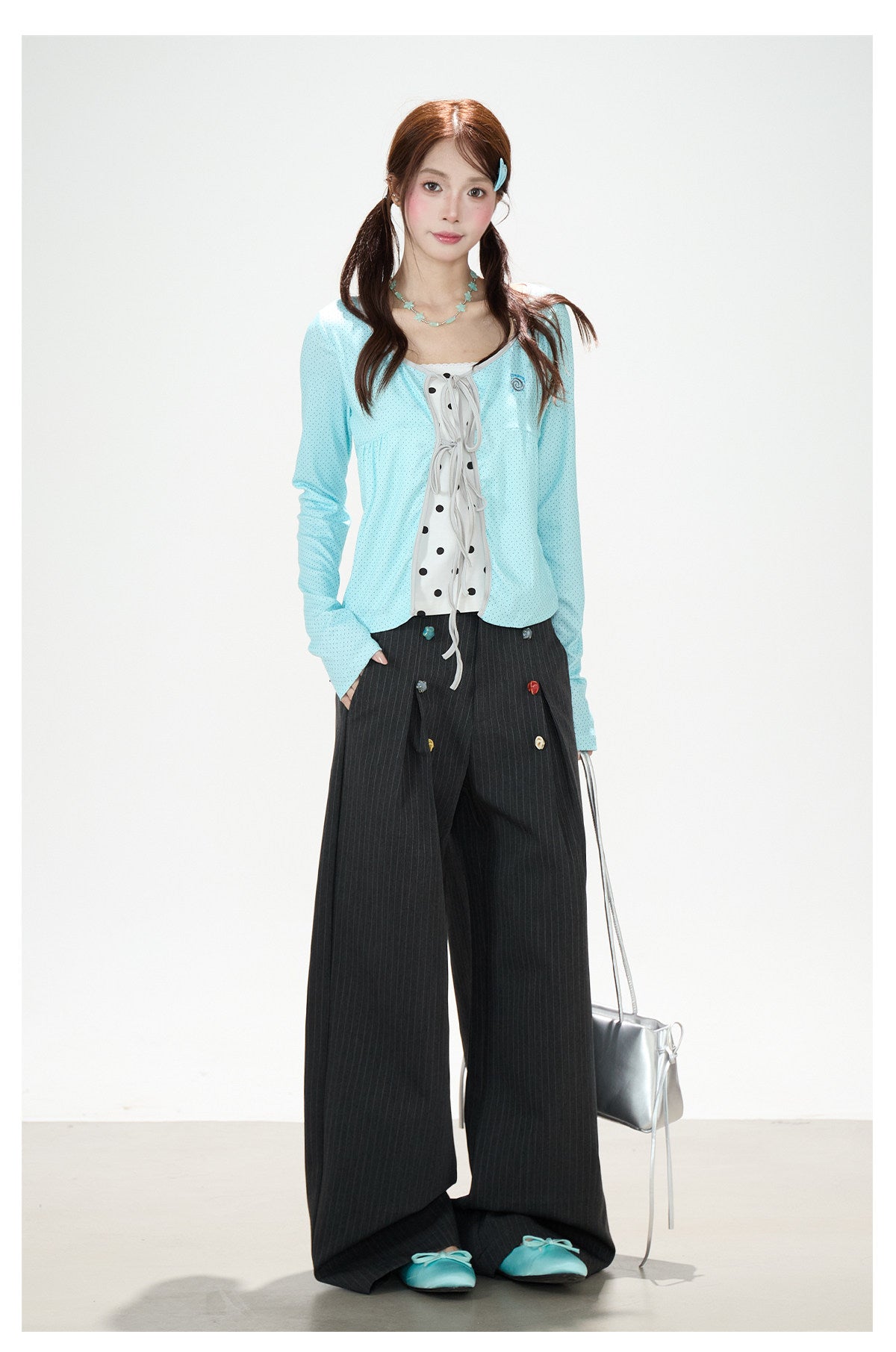 Pinstripe Button Wide-Leg Pants