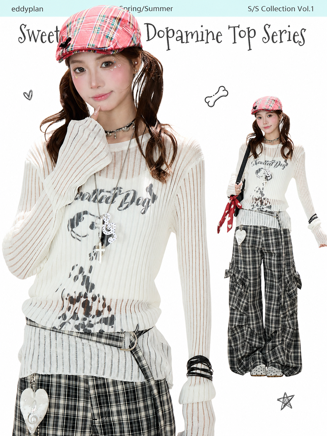 Dalmatian Sheer Knit Top & Black Plaid Ruffle Pants