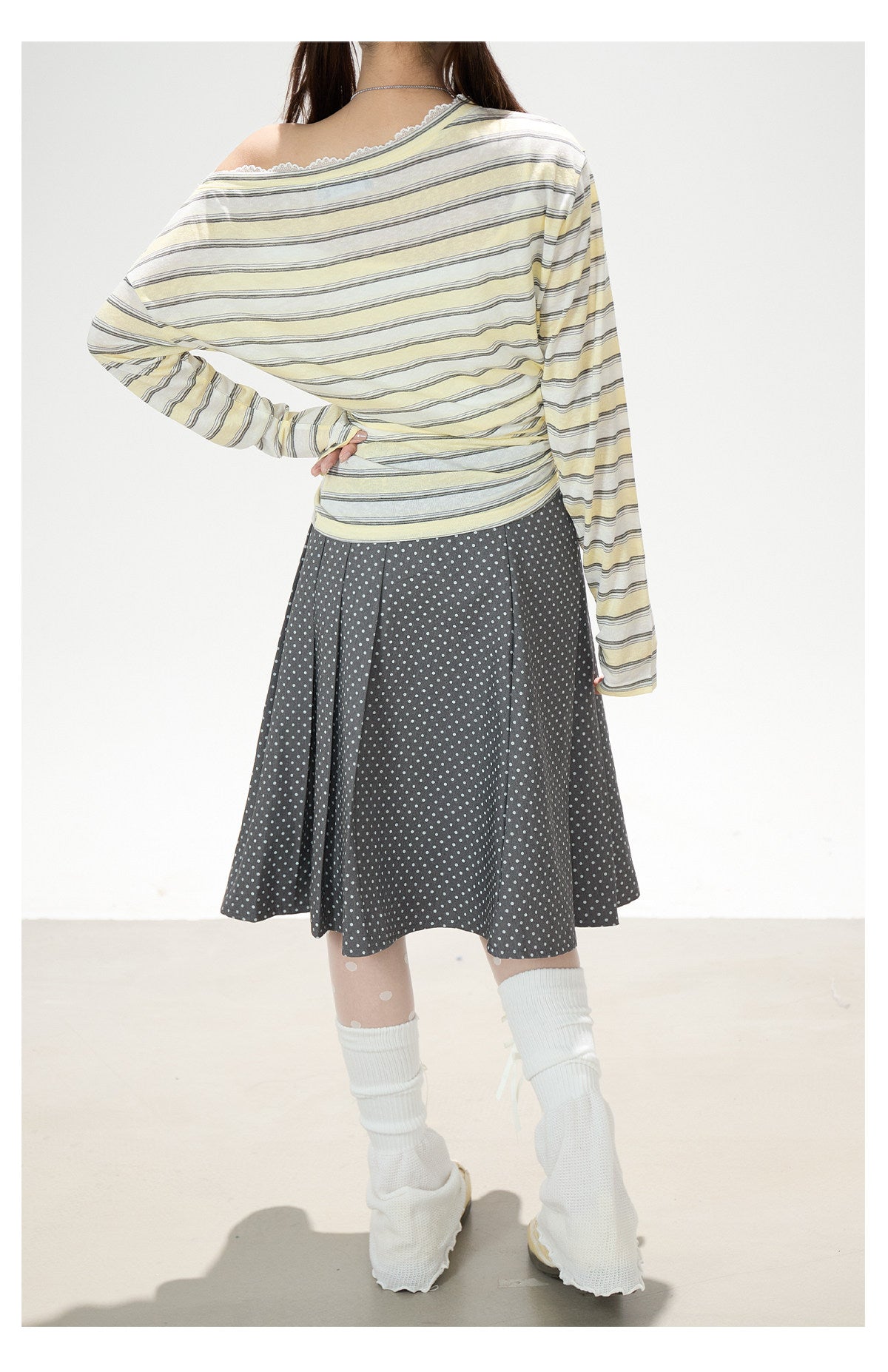Striped Off-Shoulder Long Sleeve Top & Polka-Dot Midi Skirt