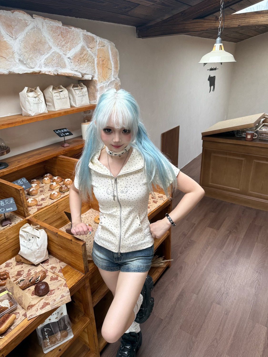 Devil Horn Star-Stud Short Sleeve Zip Hoodie