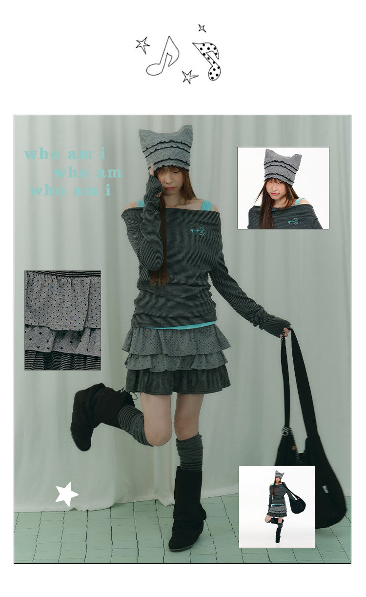 Charcoal Dot & Star Tiered Ruffle Mini Skirt