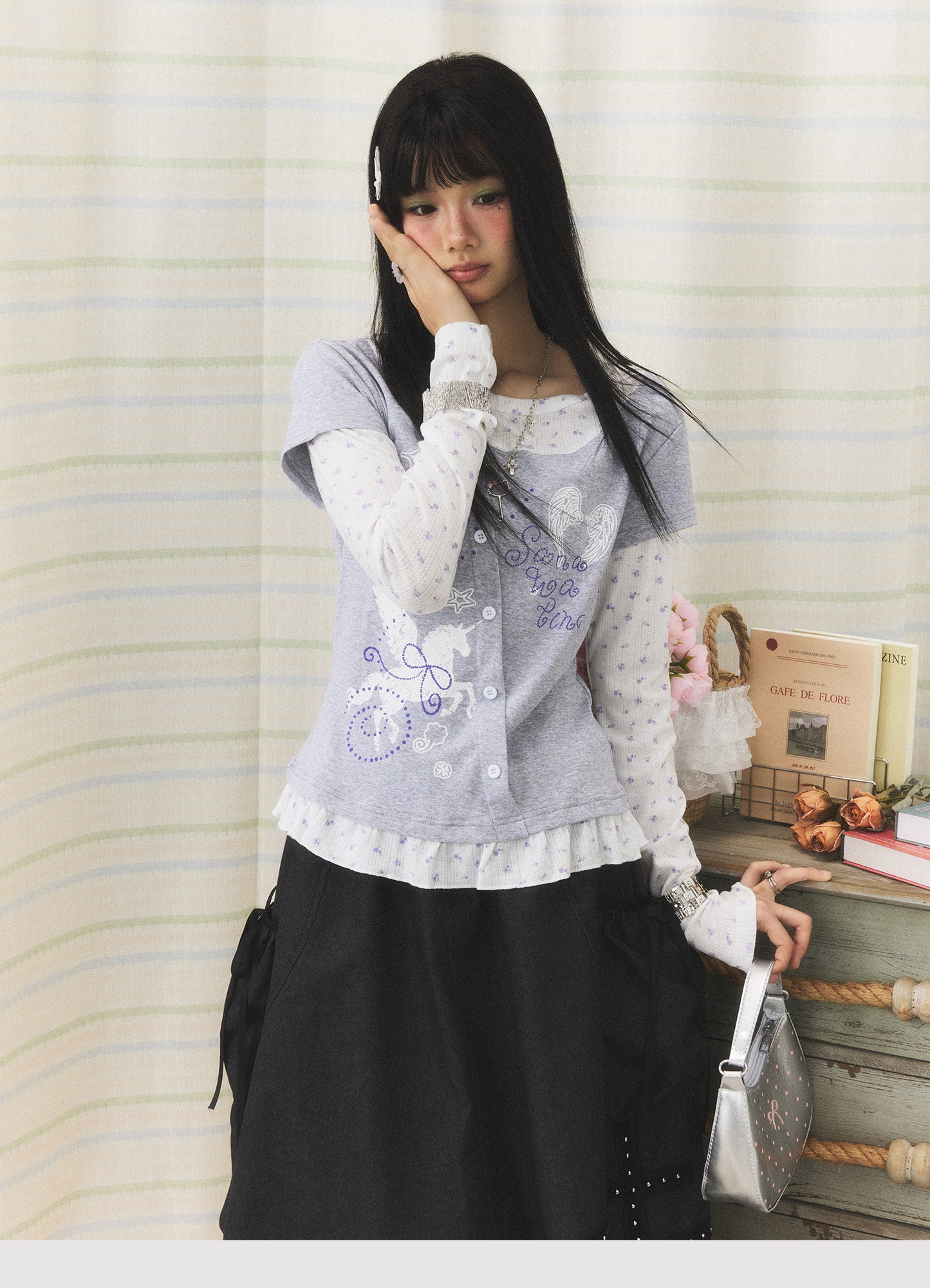 Lavender Wing Floral Faux-Layer Long-Sleeve Tee