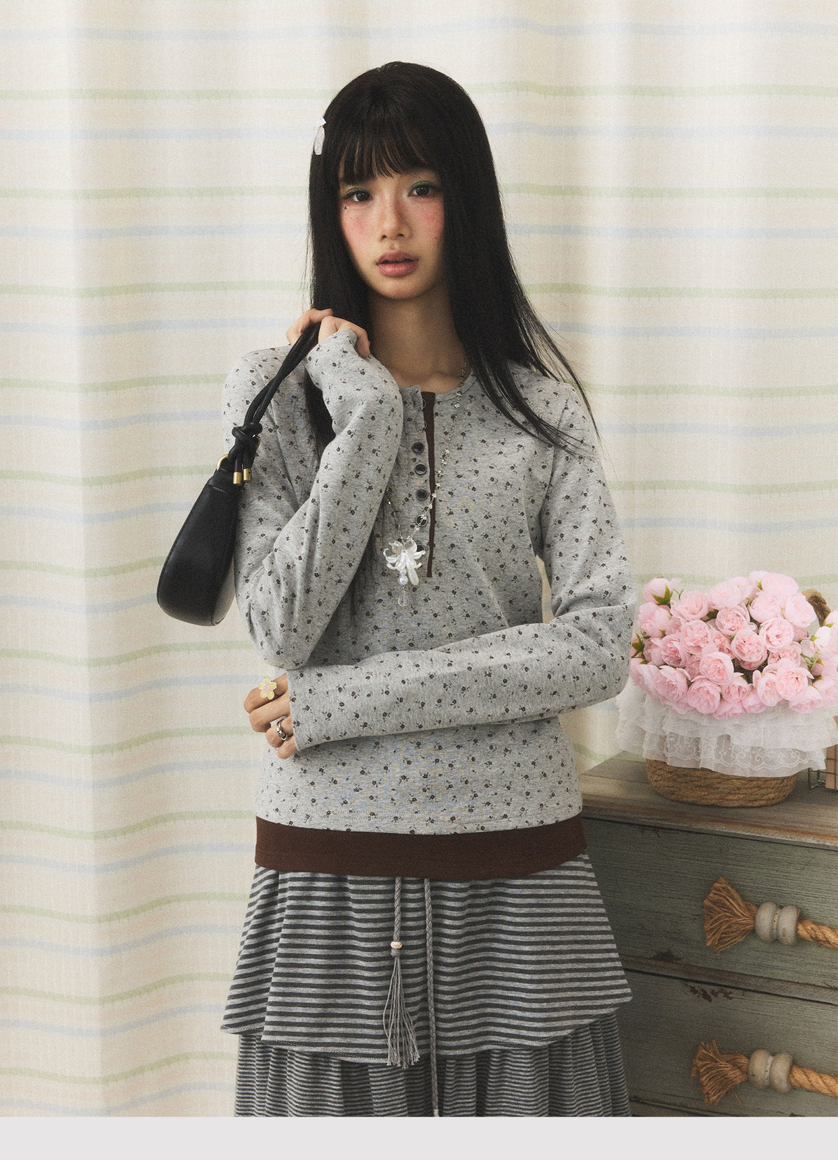 Floral Henley Faux-Layer Long Sleeve Top