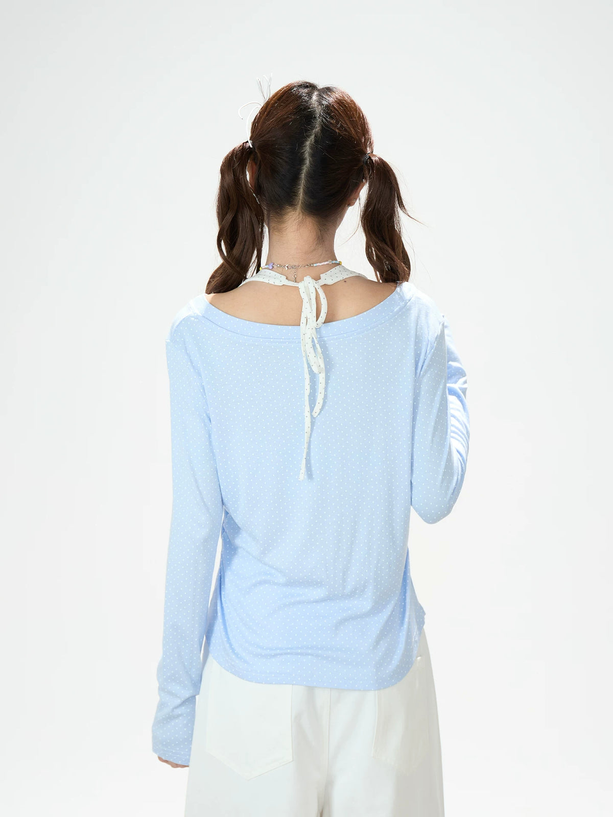 Dreamy Dolphin Polka-Dot V-Neck Long Sleeve Top & Gingham Ruffle Mini Skirt