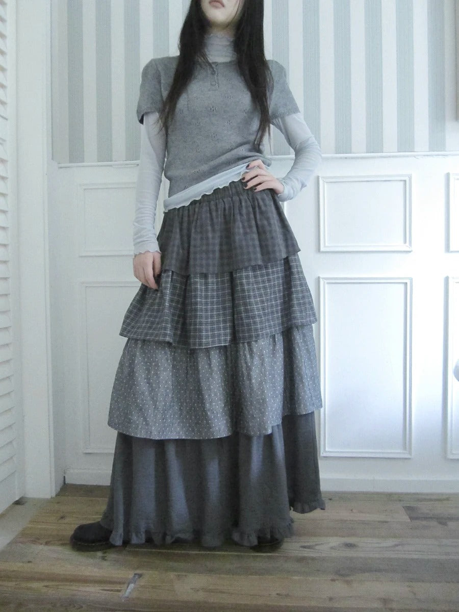 Layered Plaid & Polka Dot Tiered Maxi Skirt