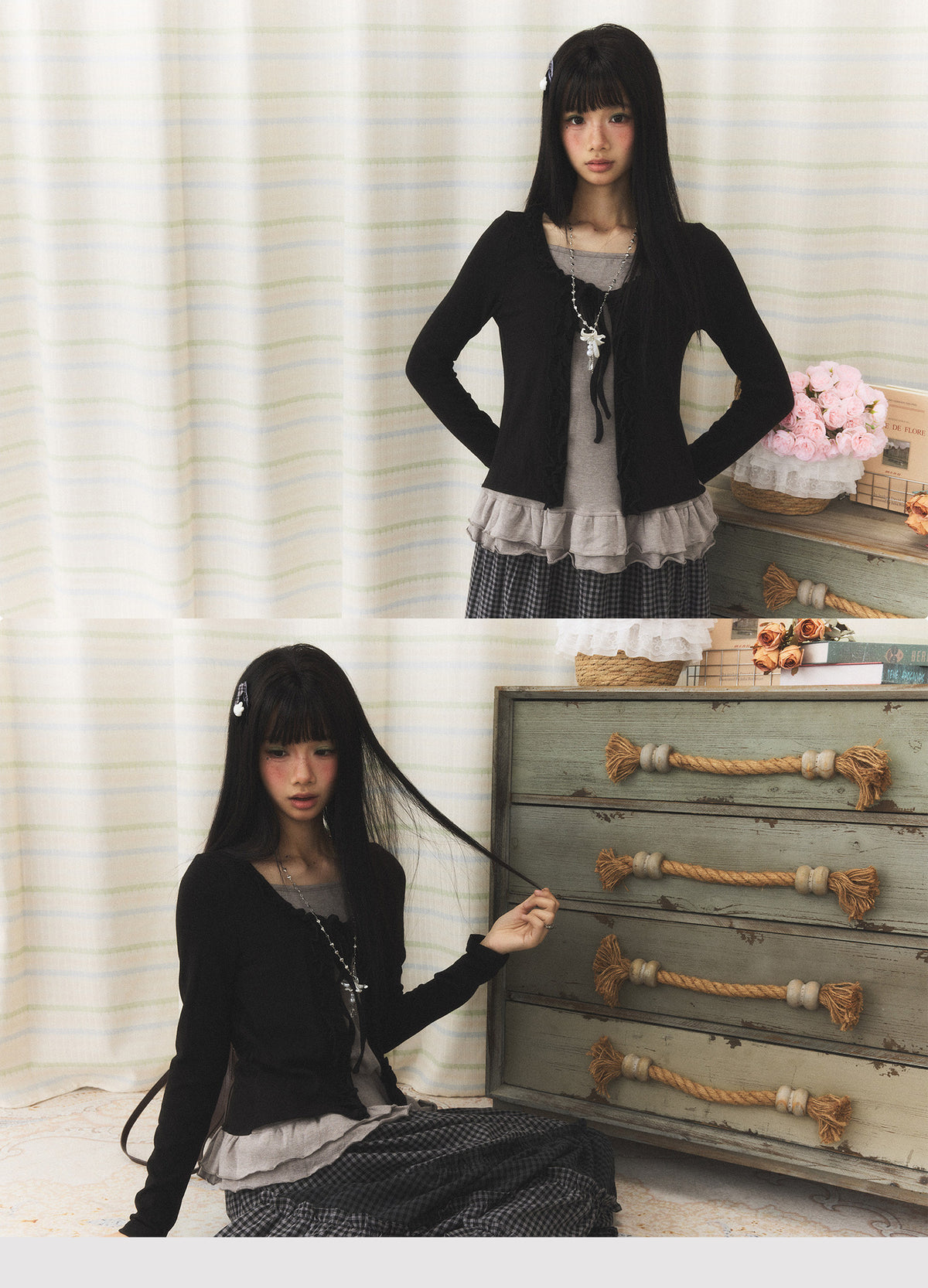 Ruffle Hem Tie-Front Faux-Layered Long Sleeve Top