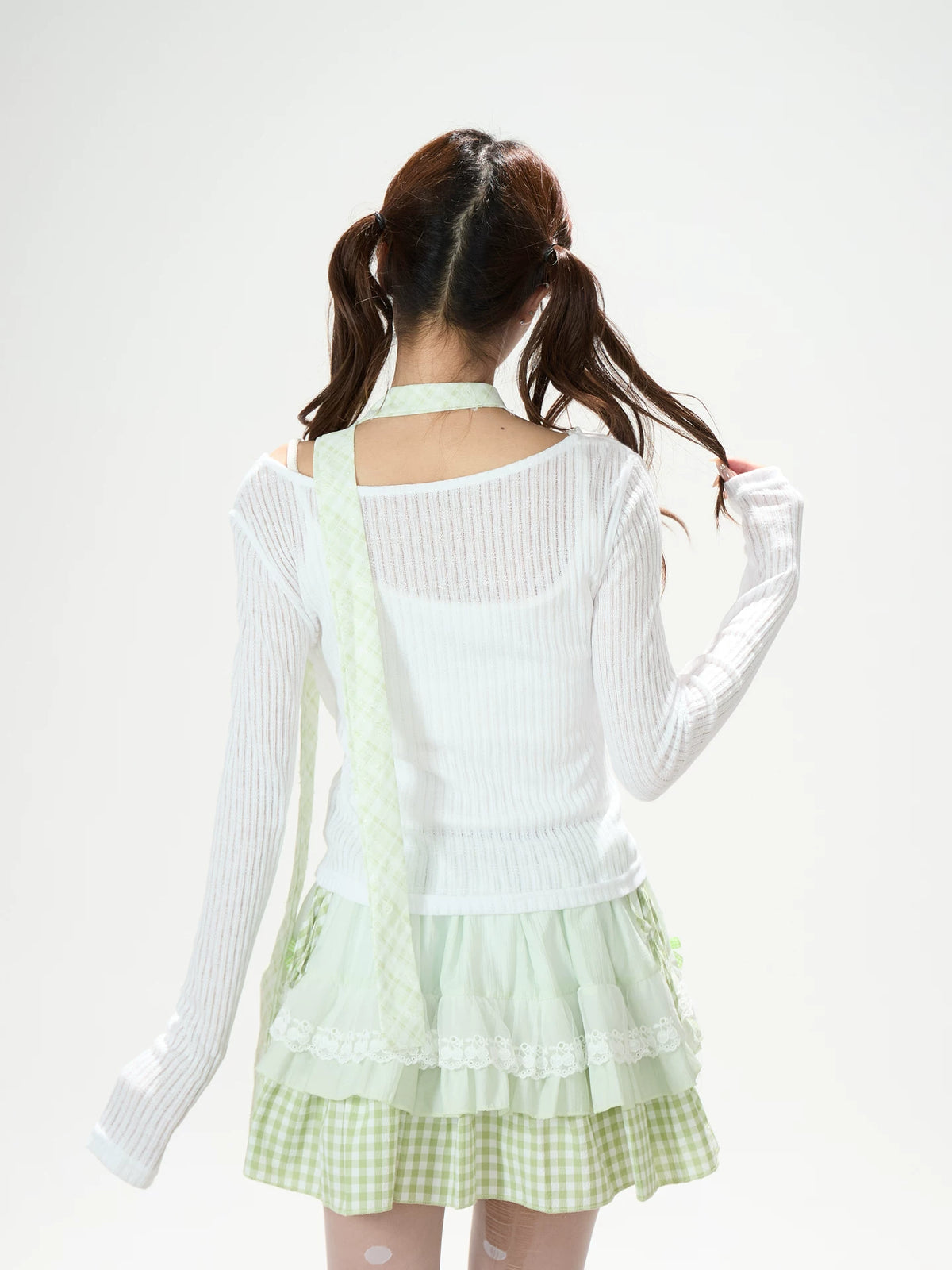 Mint Gingham Layered Knit Long Sleeve Top & Cherry Ruffle Mini Skirt