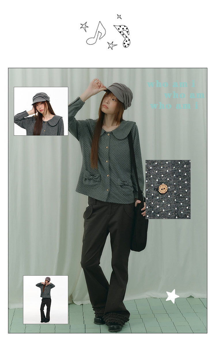 Charcoal Polka Dot Peter Pan Collar Button Shirt