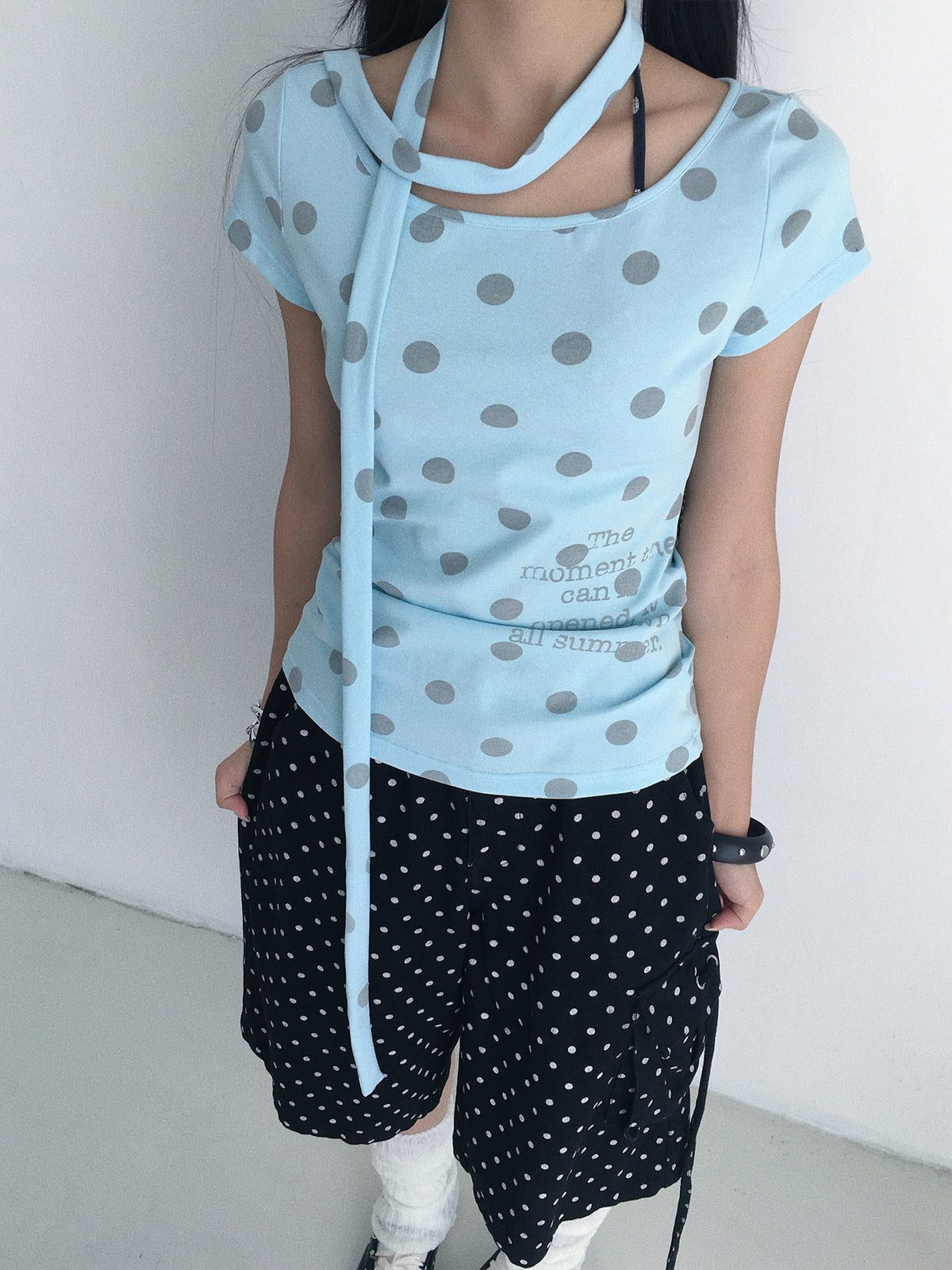 Polka Dot Scarf Short Sleeve Top