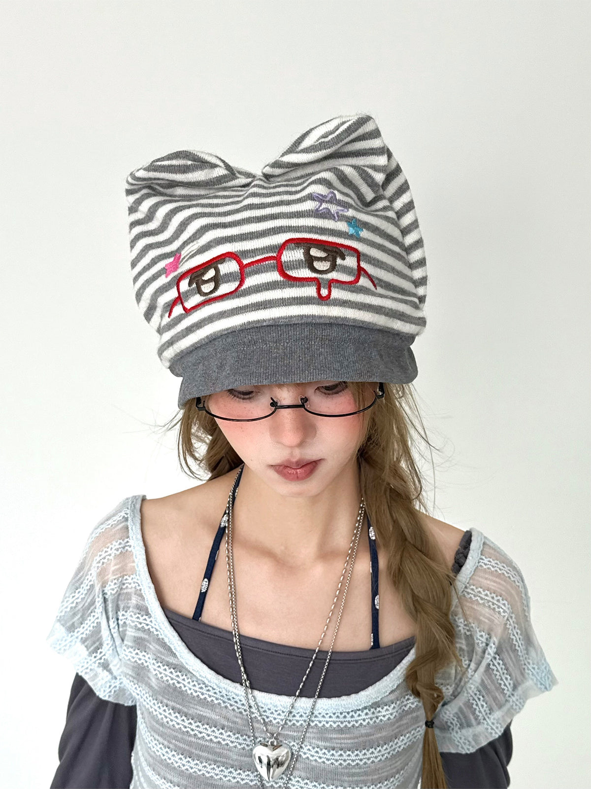 Gray Striped Bunny Ear Embroidered Knit Hat