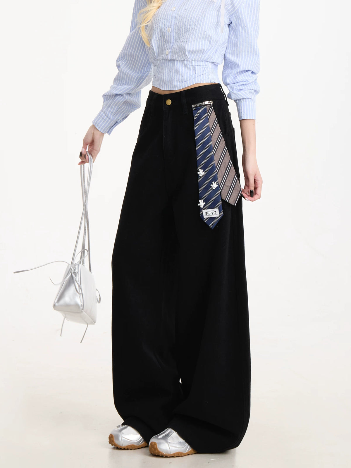 Curved-Leg Wide-Leg Pants with Detachable Tie