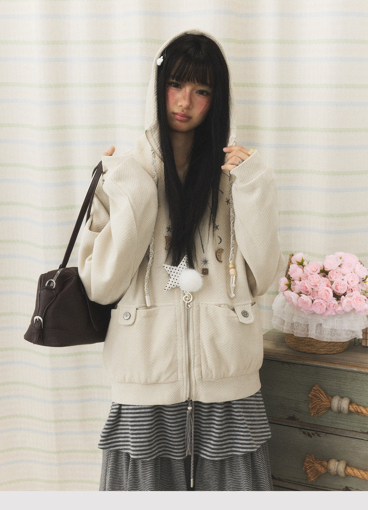 Star & Moon Embroidered Zip-Up Hoodie