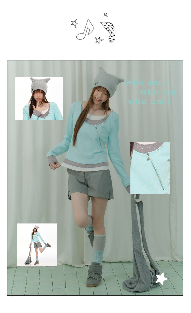Triple-Layer Polka Dot Asymmetric Zip Long Sleeve Top