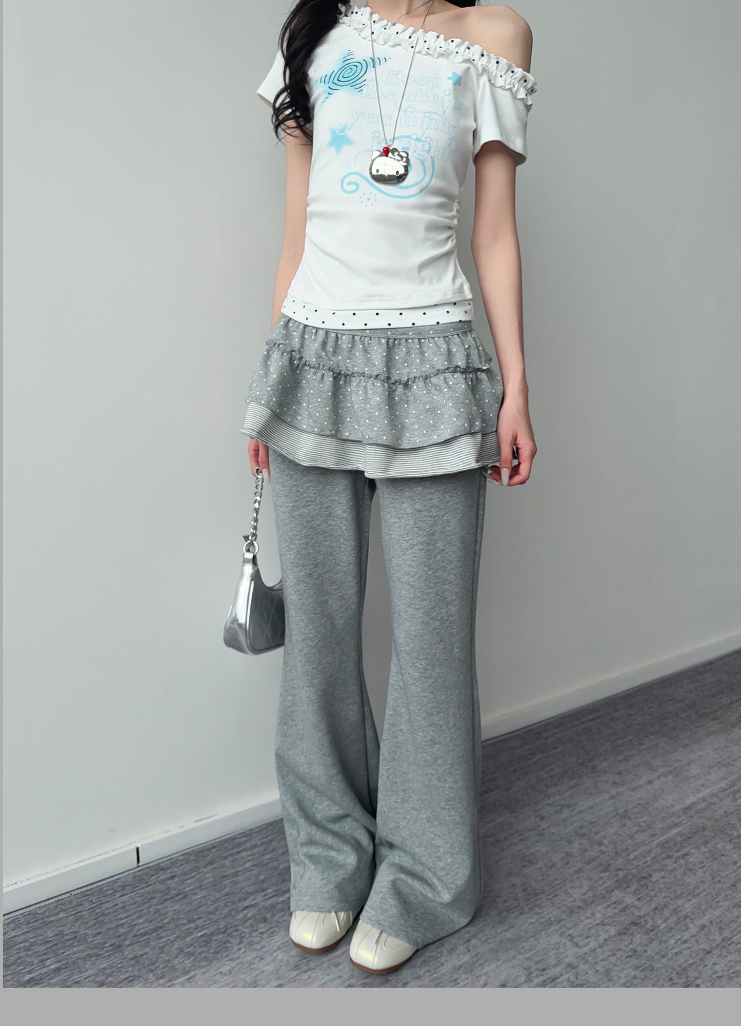 Blue Star Polka Dot Ruffle One-Shoulder Tee