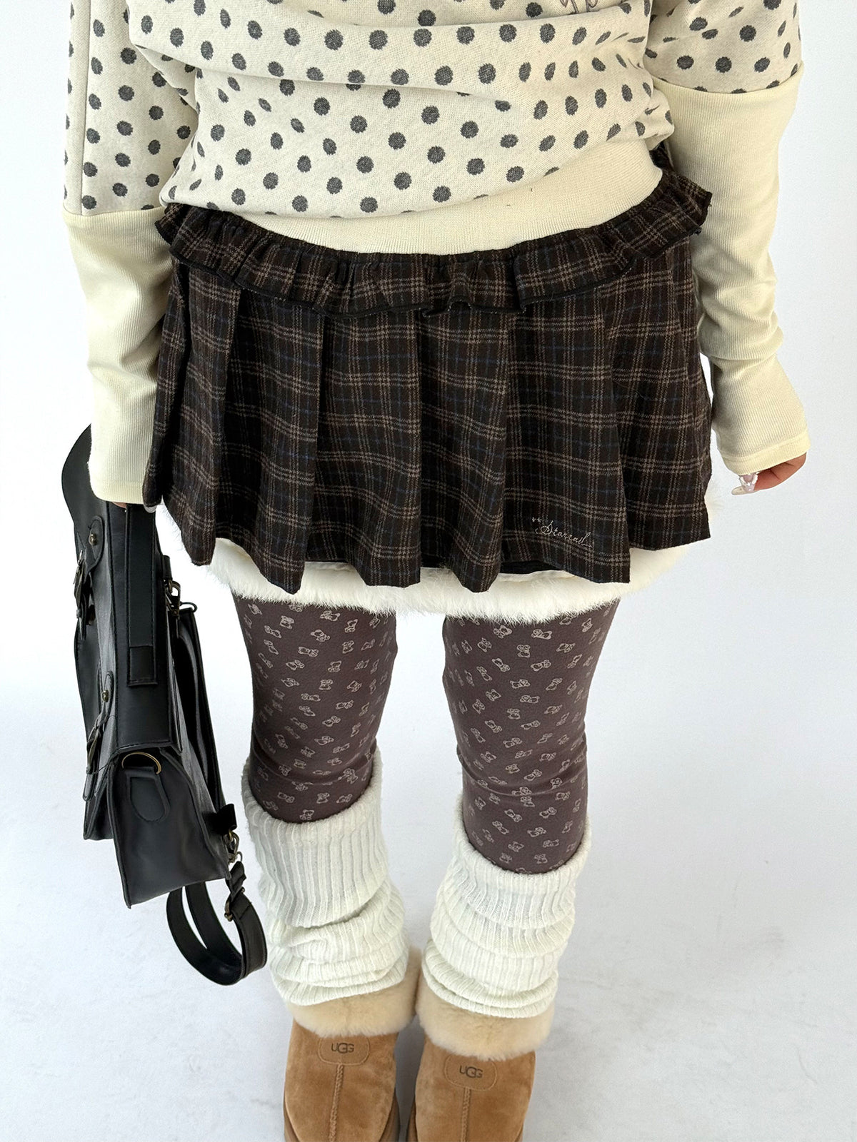 Brown Plaid Fuzzy-Trim Pleated Mini Skirt