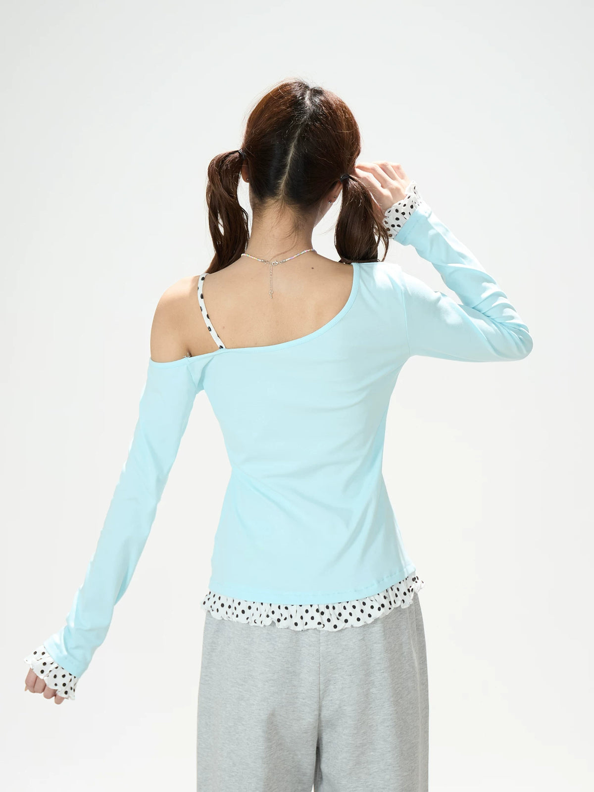 Dreamy Cartoon Off-Shoulder Layered Long Sleeve Top & Polka Dot Wide-Leg Pants