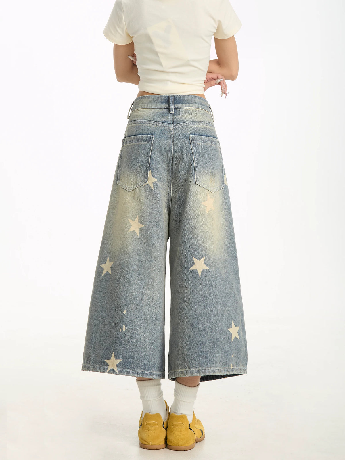 Washed Star Print Wide-Leg Denim Capri Pants