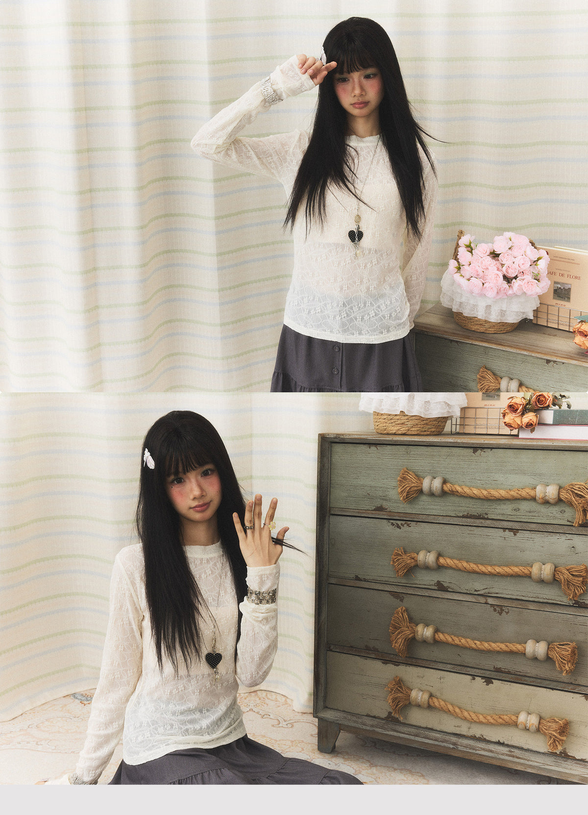 Floral Lace Long Sleeve & Jacquard Knit Short Sleeve Top